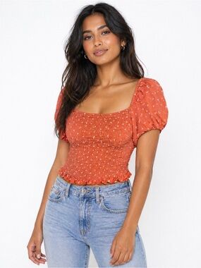 Japna Smocked Crop Top Rust Orange Floral Puff Sleeve Cottagecore Boho Large